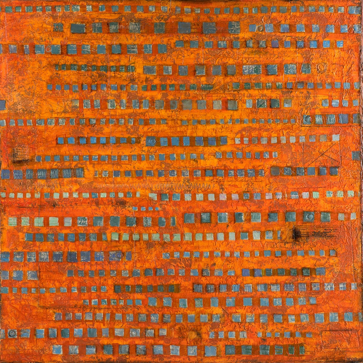 Abstract painting by Ludmila Korol titled The City Remembers, with a textured orange surface filled with rows of blue and grey squares suggesting windows, city lights, memory, and hidden urban patterns.