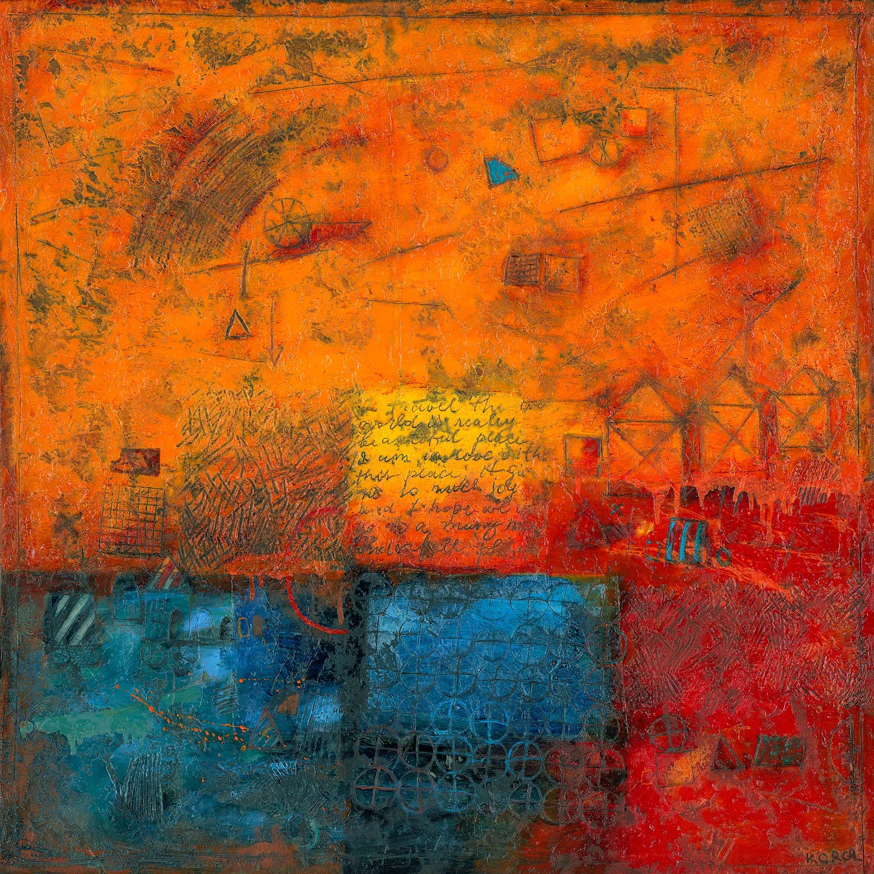Abstract painting by Ludmila Korol with warm orange, deep blue, and red textured sections, layered with handwritten marks, symbols, grids, and hidden architectural shapes.