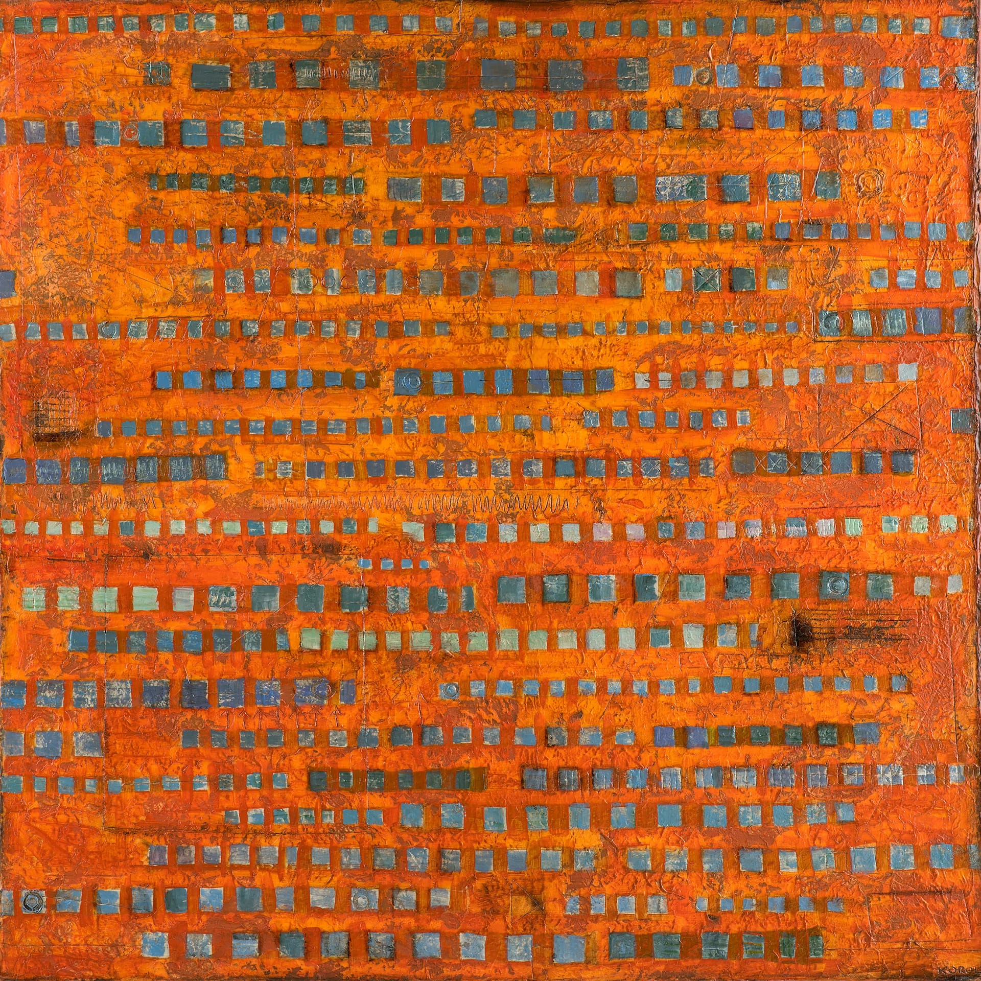 Abstract painting by Ludmila Korol titled The City Remembers, with a textured orange surface filled with rows of blue and grey squares suggesting windows, city lights, memory, and hidden urban patterns.